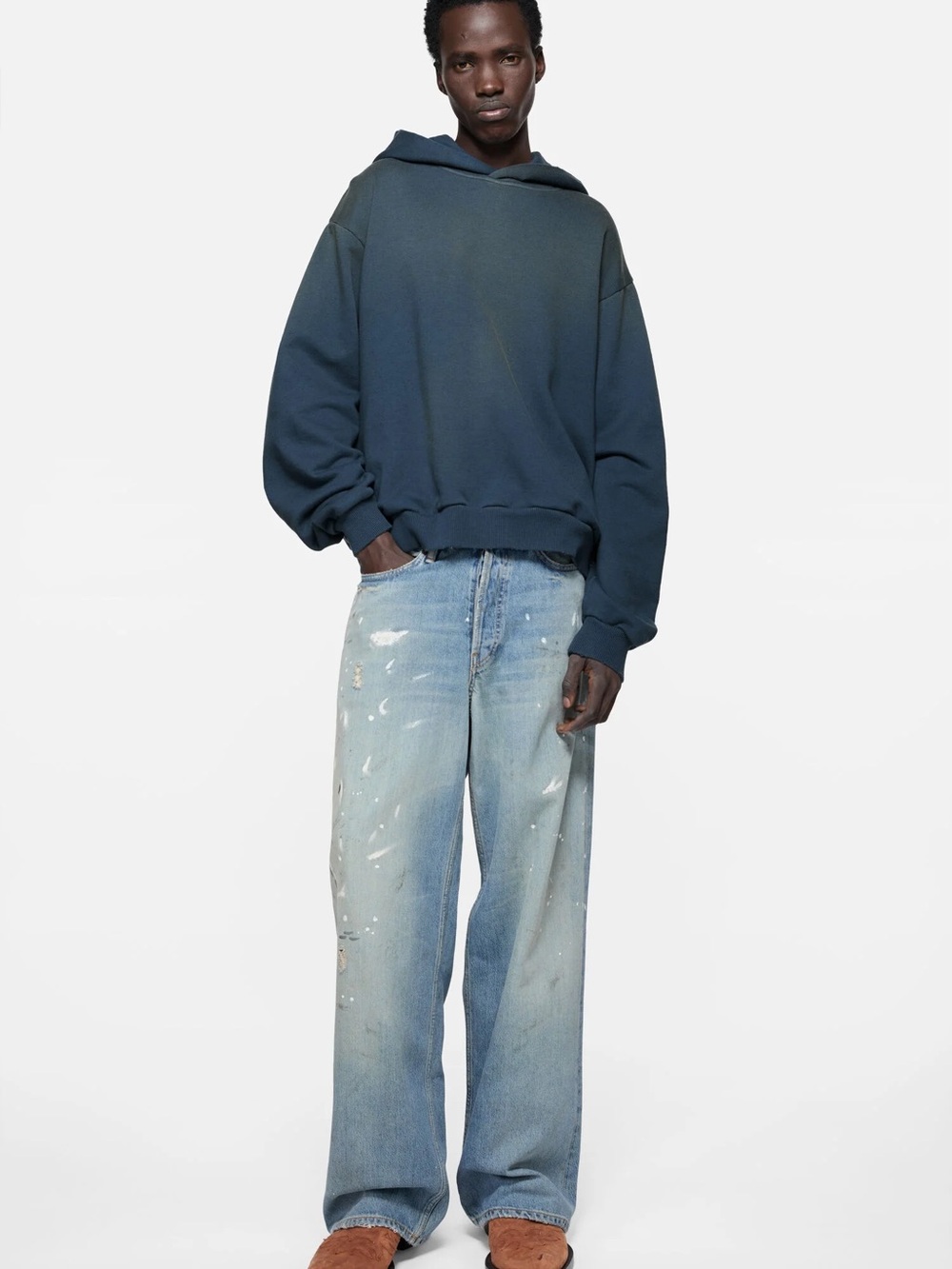 Acne Relaxed Wide-Leg Jeans in Light Blue with Paint Detail